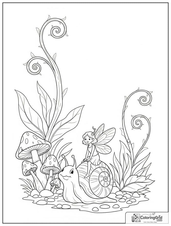 Fairy coloring page featuring a tiny fairy riding a snail.