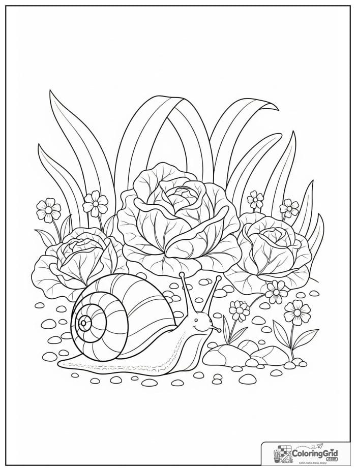 Garden coloring page featuring a snail among leafy plants.