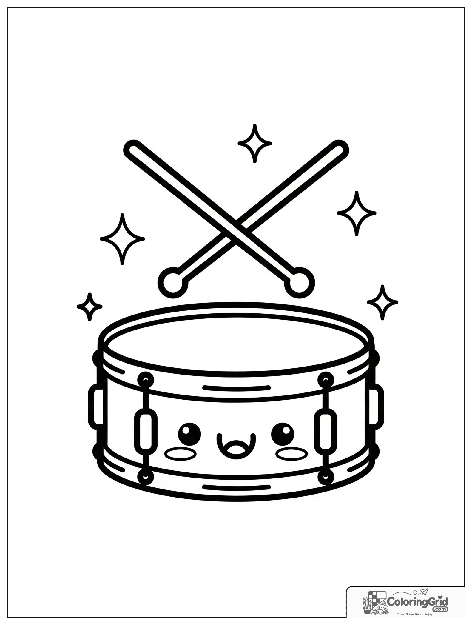 Cute smiling snare drum with sticks and small star decorations.