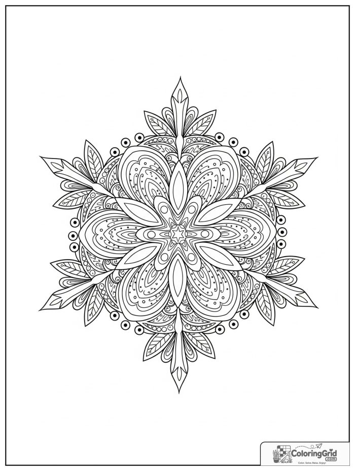 Relaxing snowflake mandala with crystal arms and dotted rings.