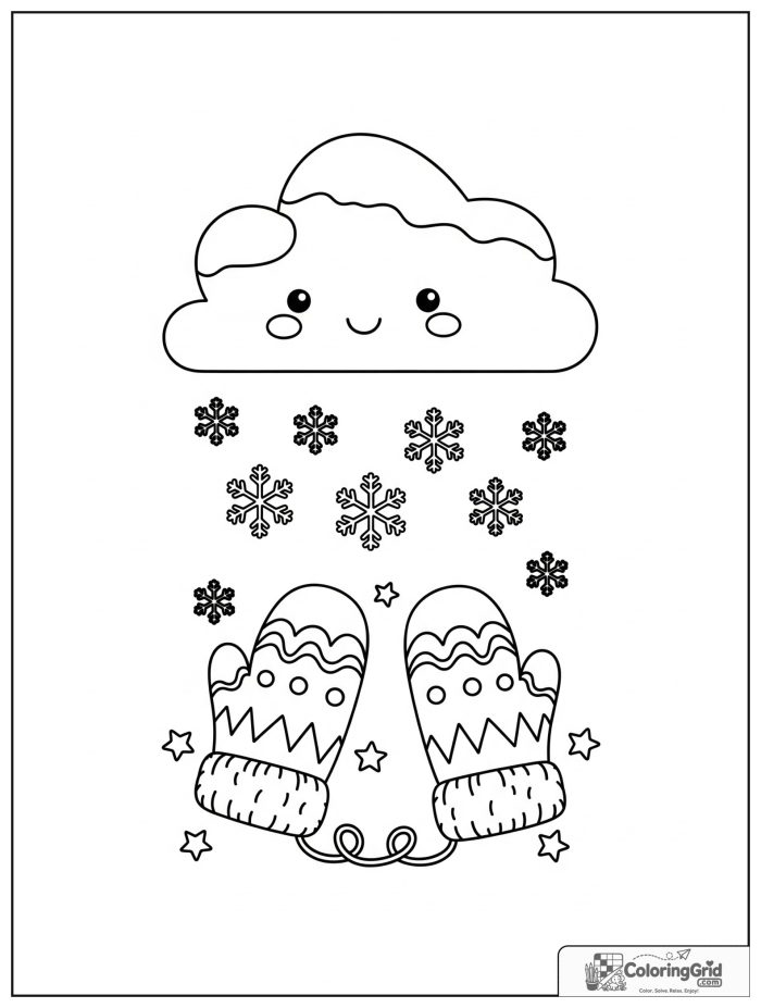 Weather Coloring Pages for Seasons showing a snowflake cloud and mittens.
