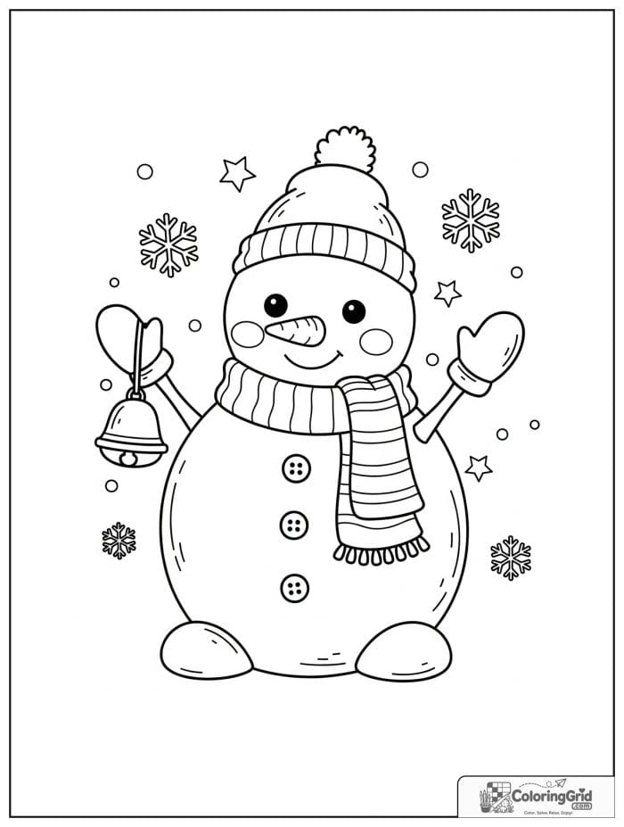 Happy snowman holding a jingle bell.