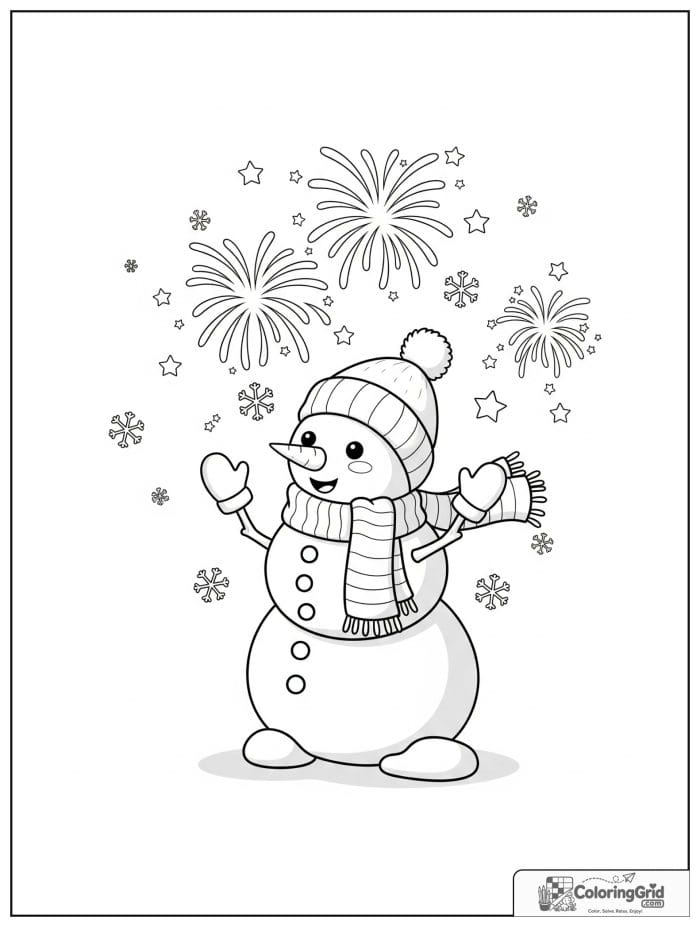 Happy snowman watching winter fireworks.