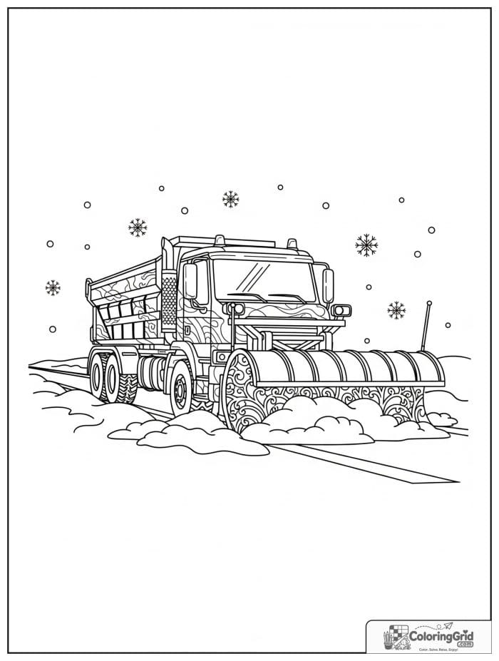 Truck coloring page featuring a snowplow truck clearing a winter road.
