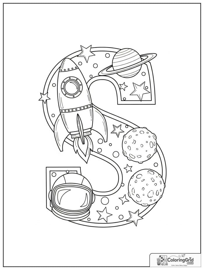 Large letter S decorated with space-themed items.