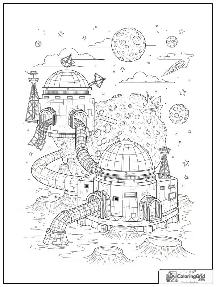 Moon base with domes and antennas.