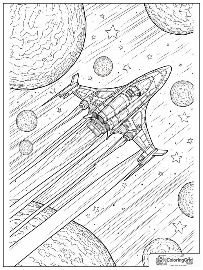 Futuristic spacecraft flying through asteroids.