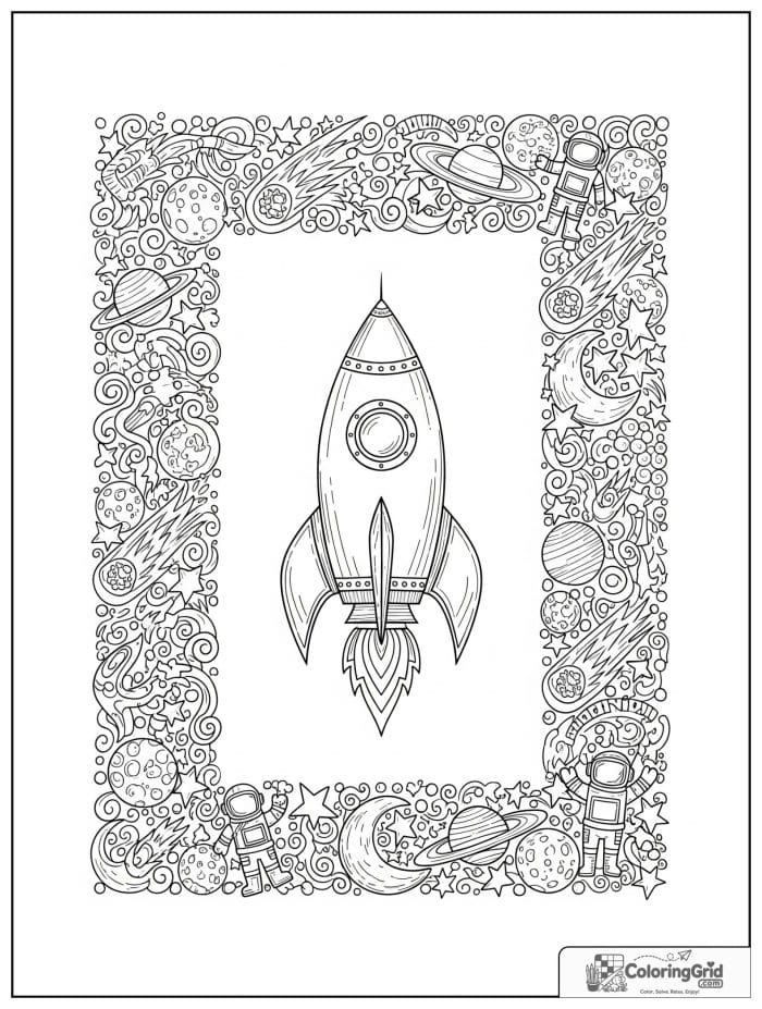Central rocket with a detailed space doodle border.