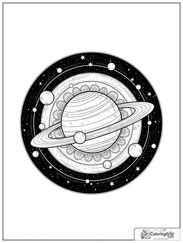 Space mandala with a central planet and stars.