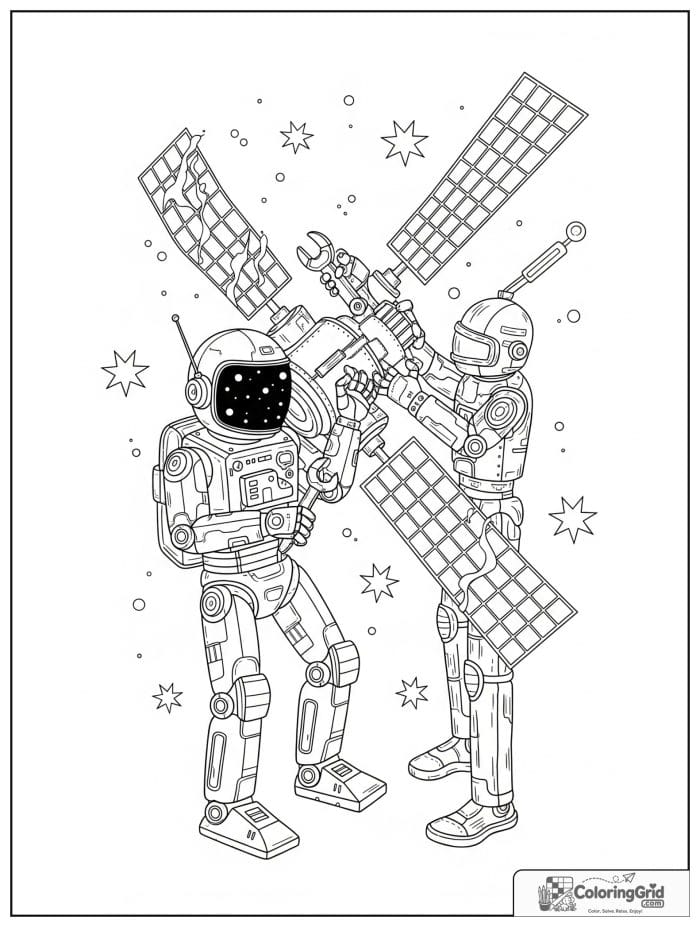Space robot repairing a satellite.