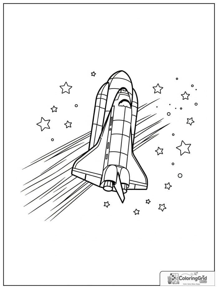 Space shuttle flying through stars.