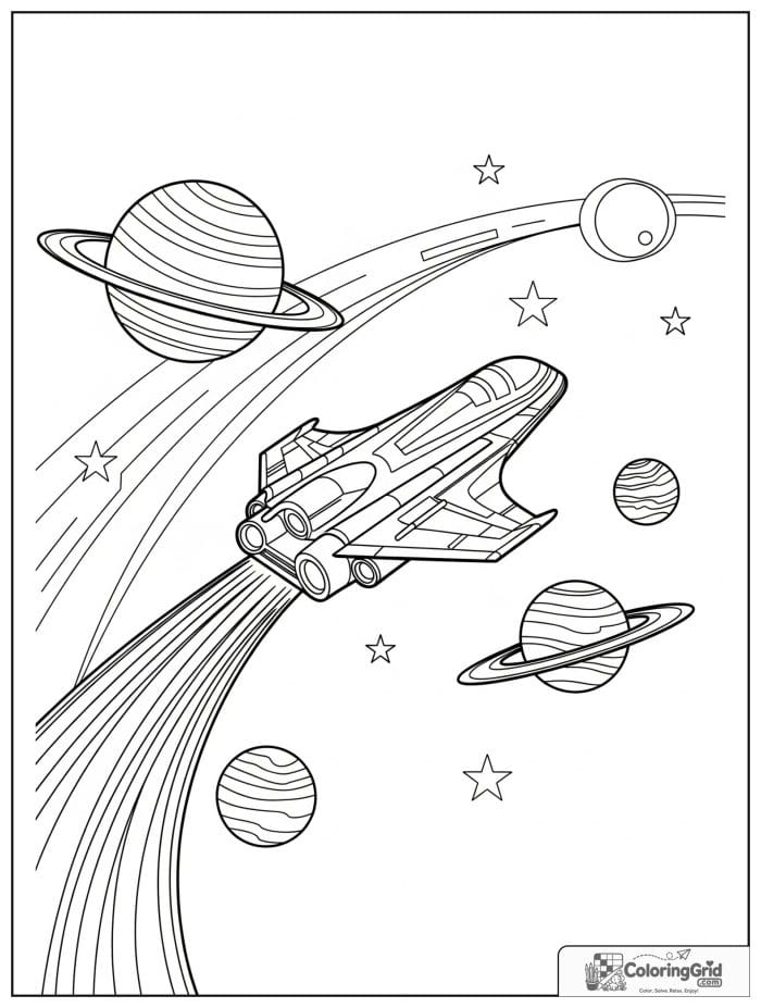Spaceship flying past planets in space.