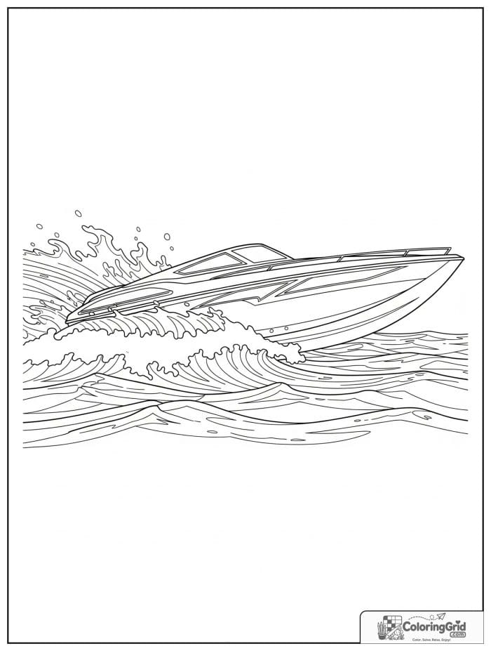 Boat coloring page featuring a speedboat cutting through waves.
