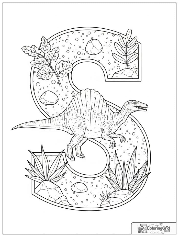 Large letter S decorated with a spinosaurus and plants.