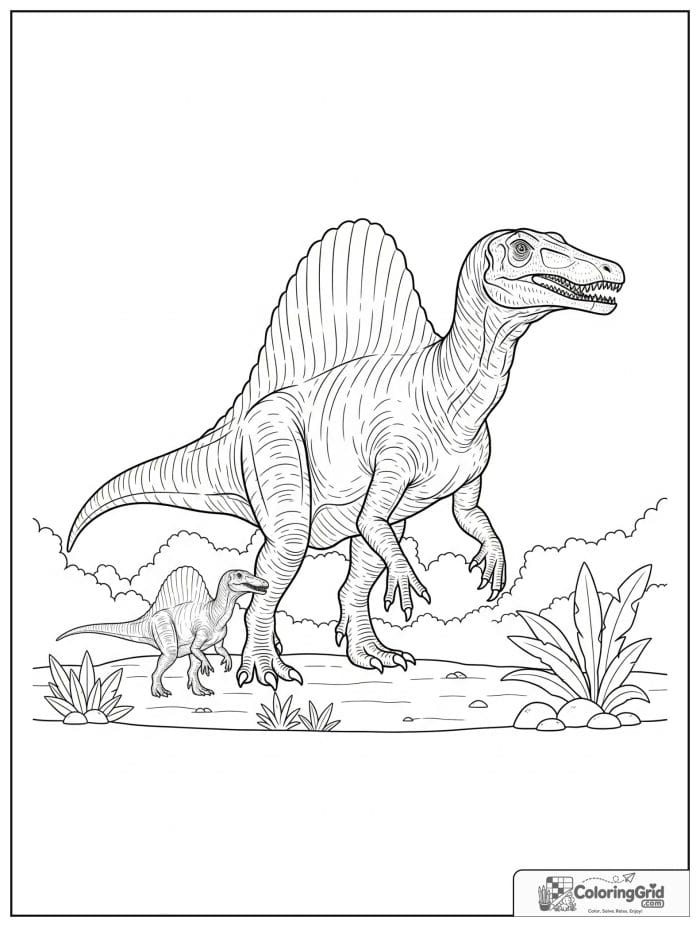 Adult spinosaurus walking beside a baby spinosaurus.