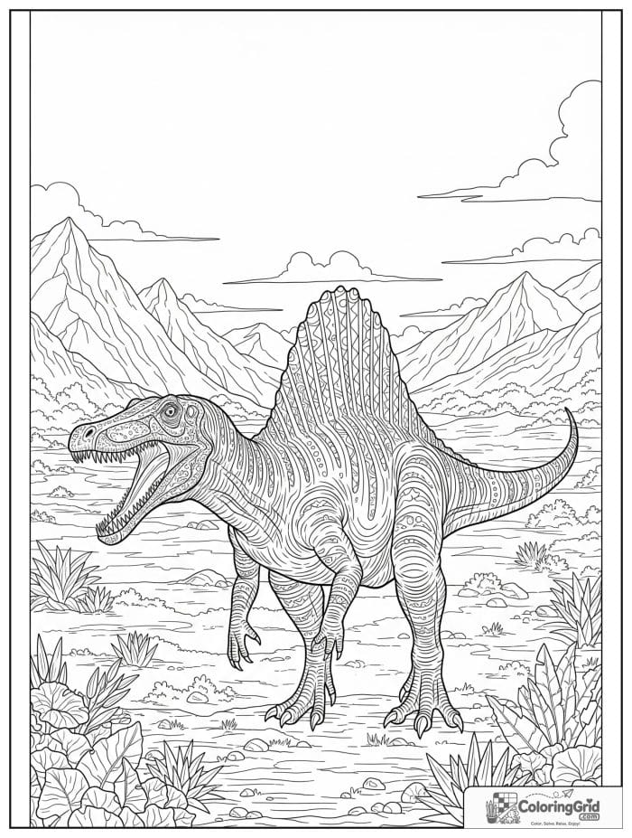 Spinosaurus in an open valley with distant mountains.