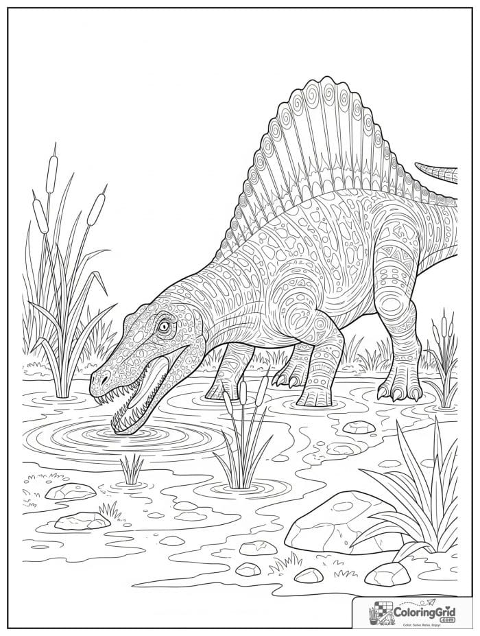 Spinosaurus drinking from a watering hole with reeds and stones.