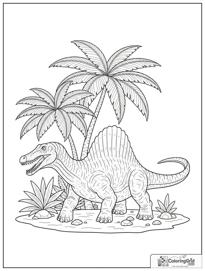 Spinosaurus beside palm-like prehistoric plants and rocks.