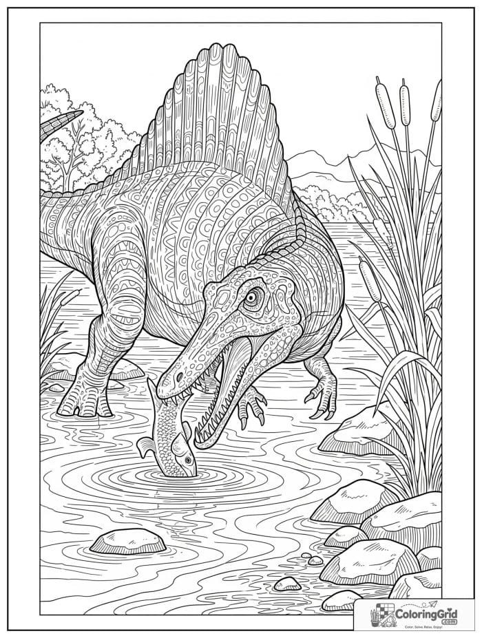 Spinosaurus catching a fish near the water with reeds and rocks.