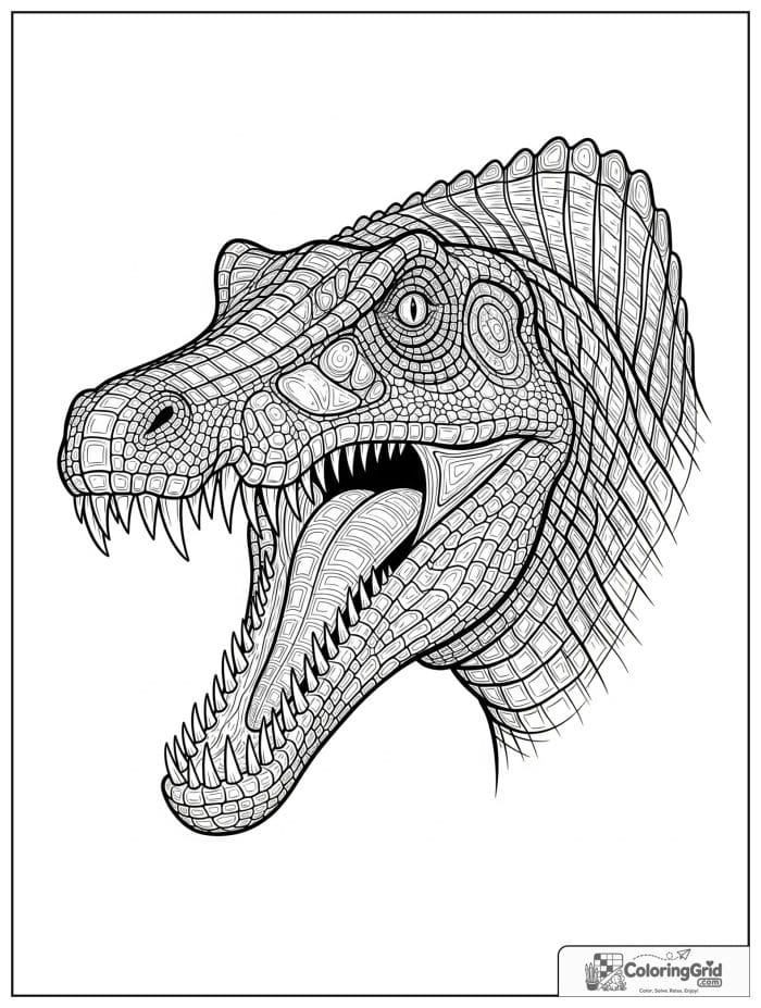 Close-up study of a spinosaurus head with long snout and open mouth.