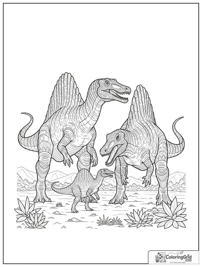 Spinosaurus family with two adults and one baby in a landscape.