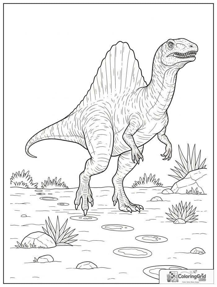 Spinosaurus walking and leaving large footprints behind.