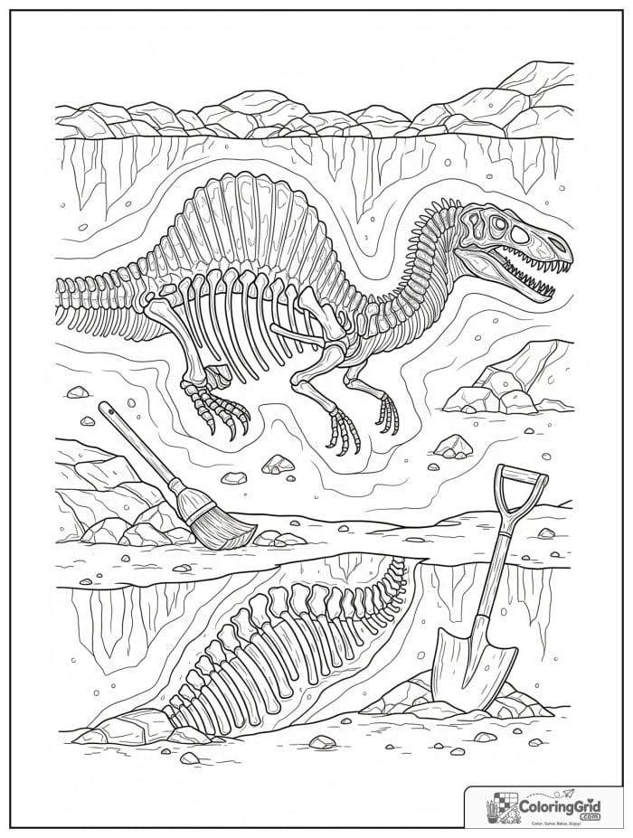 Spinosaurus fossil dig with exposed bones and excavation tools.