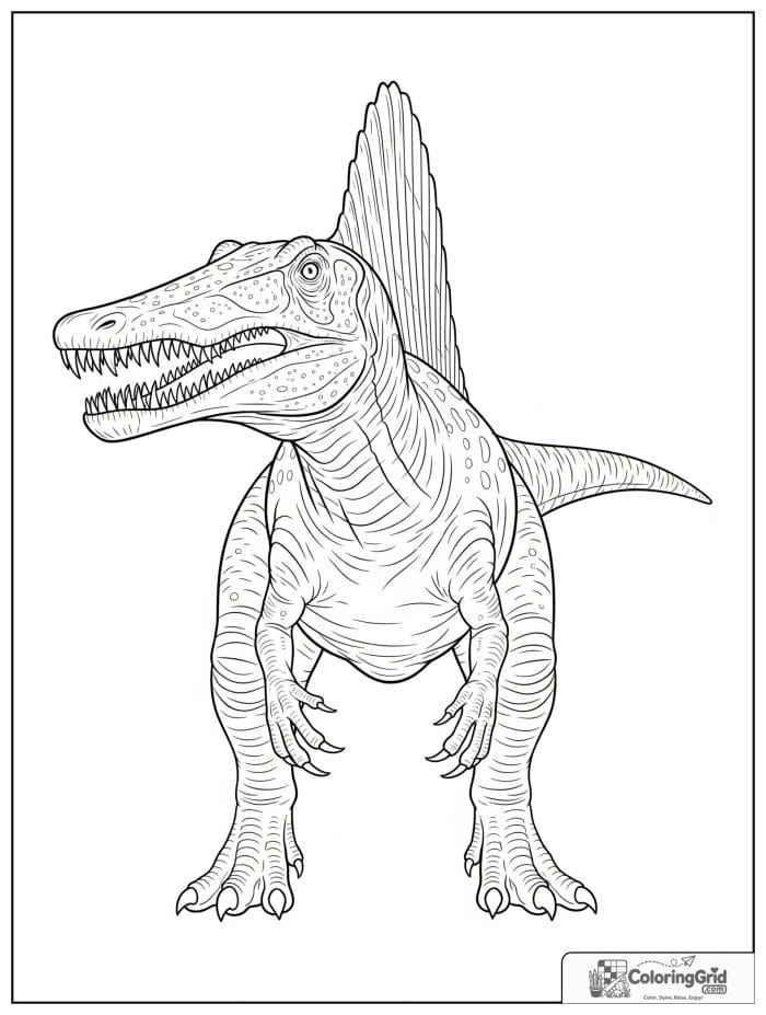 Front-facing spinosaurus with a long snout and visible sail.