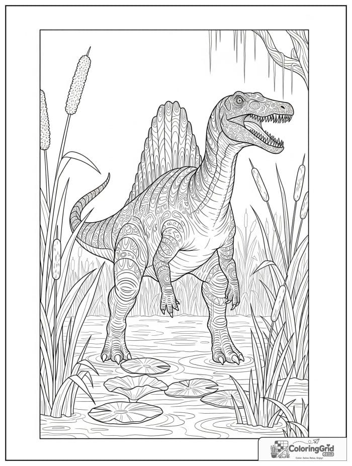 Spinosaurus standing in a prehistoric swamp with reeds and shallow water.
