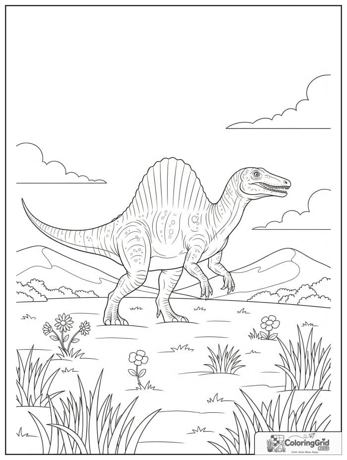 Spinosaurus walking through a meadow with grass and distant hills.