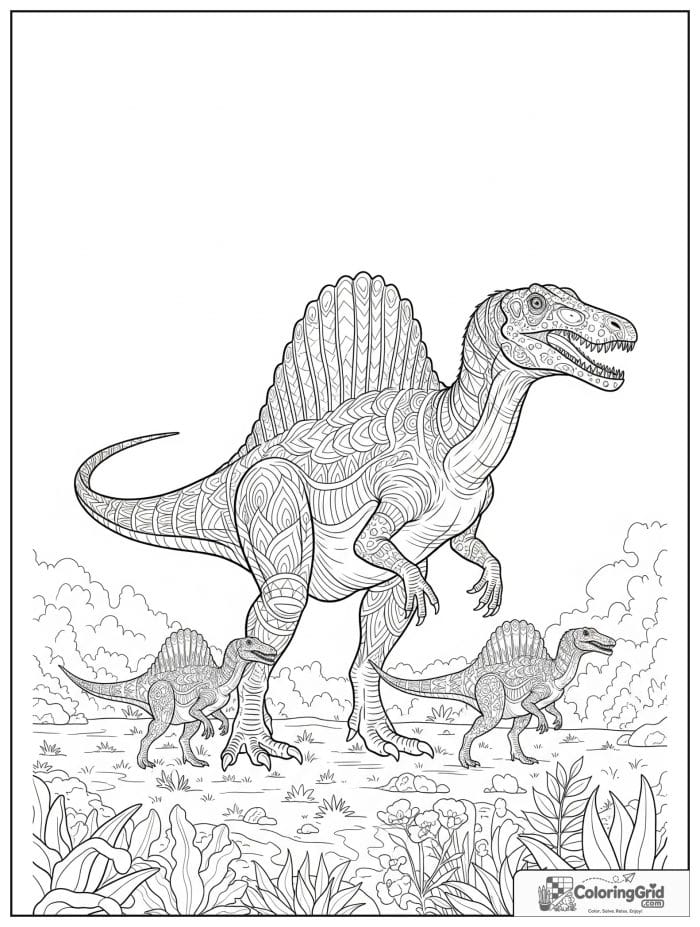Mother spinosaurus with two babies in a family scene.