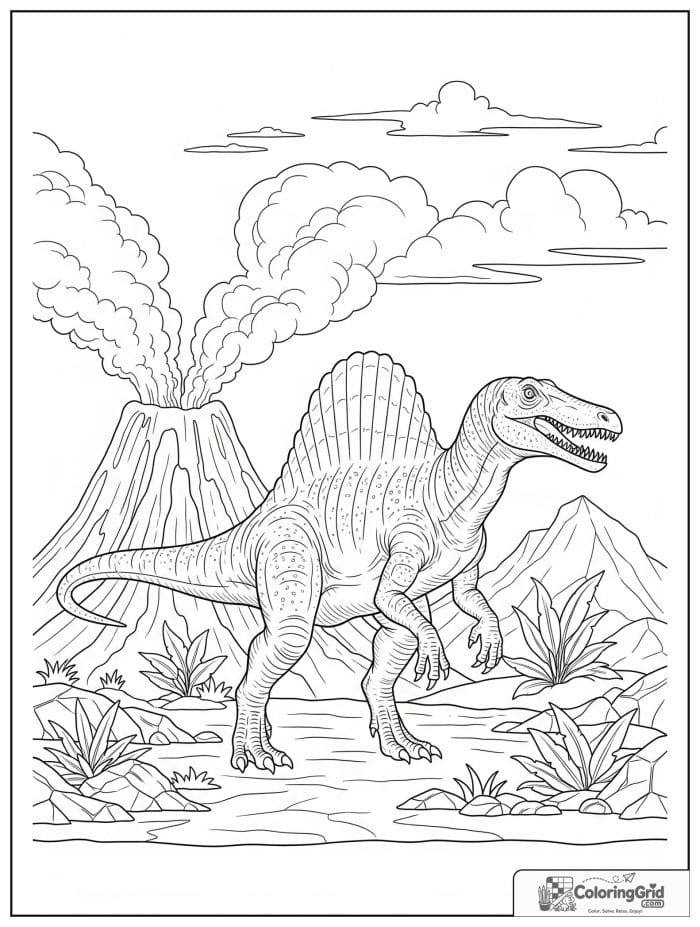 Spinosaurus standing in a volcanic prehistoric landscape.