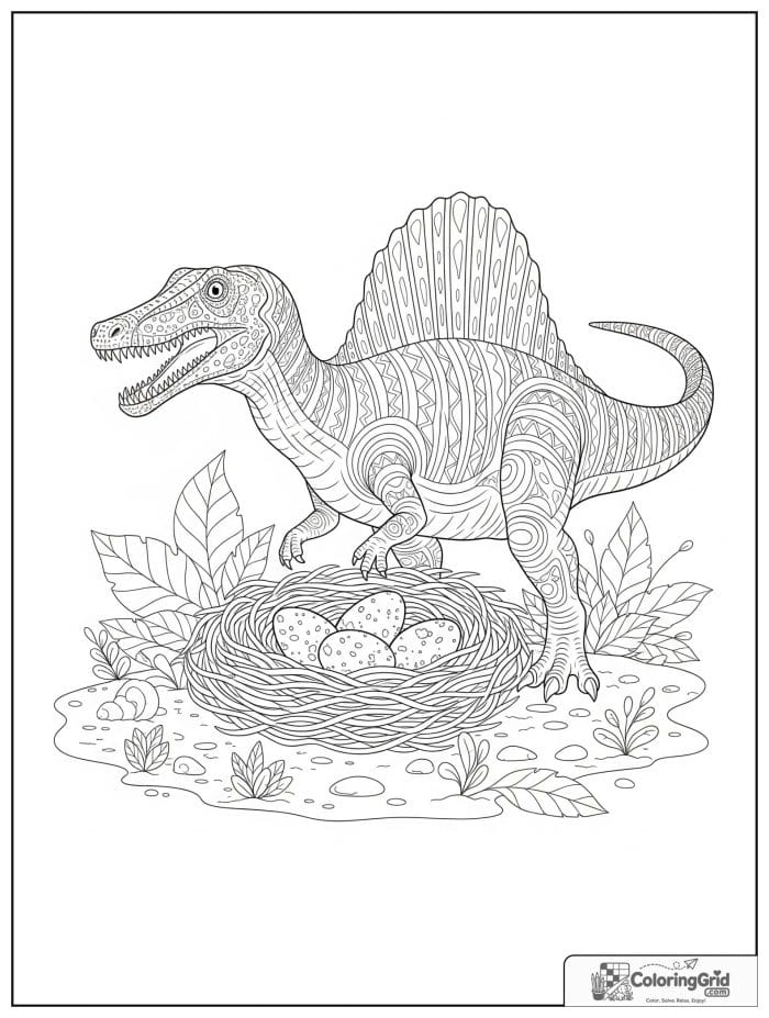 Spinosaurus beside a nest filled with eggs and plants.