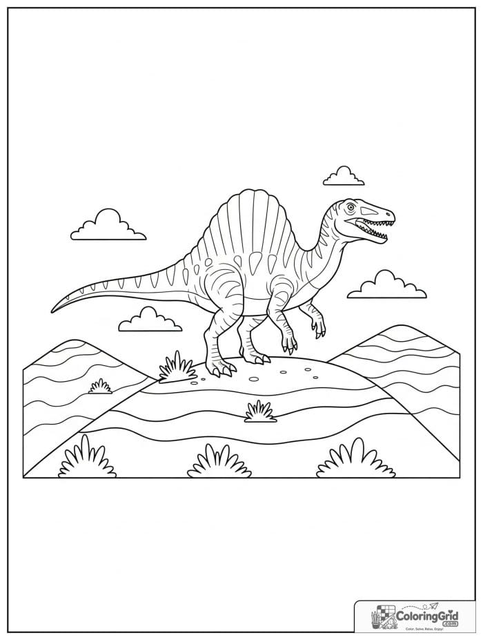 Spinosaurus standing proudly on a hilltop with clouds above.