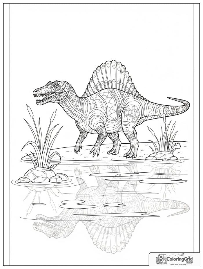 Spinosaurus beside a pond with reflection, reeds, and stones.