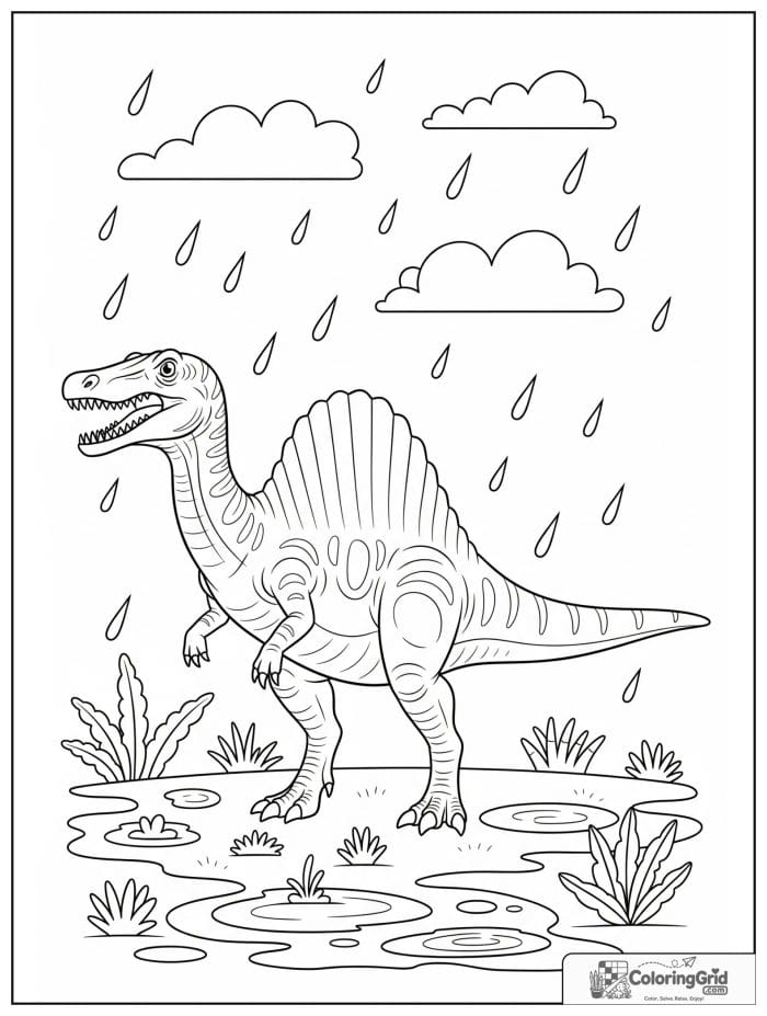 Spinosaurus standing in a rainy scene with puddles and plants.