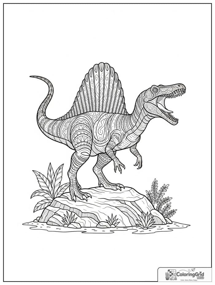 Spinosaurus roaring while standing on a rock with its sail visible.