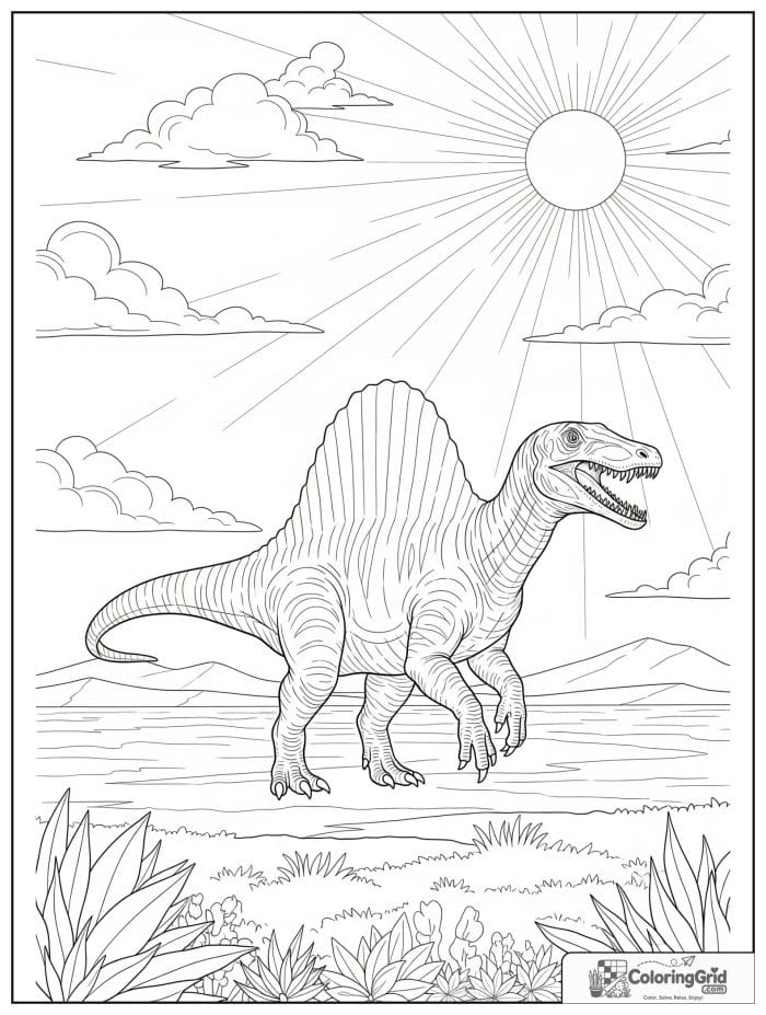 Spinosaurus under the sun with clouds and an open plain.