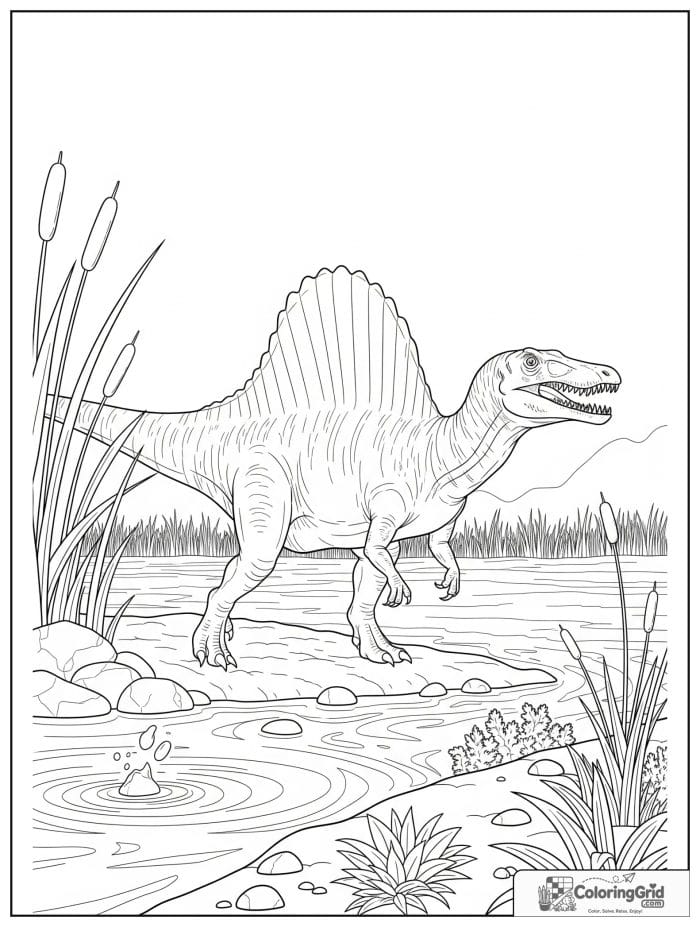 Spinosaurus walking beside a river with reeds and stones.