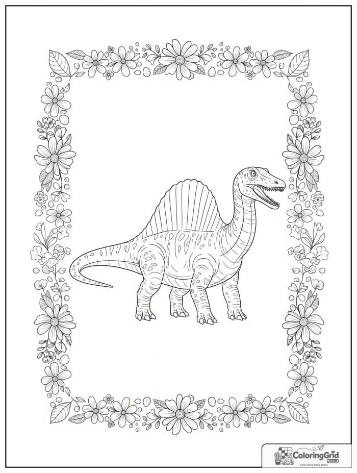 Spinosaurus framed by a decorative flower and leaf border.