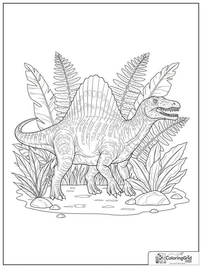 Spinosaurus standing among large ferns and broad leaves.