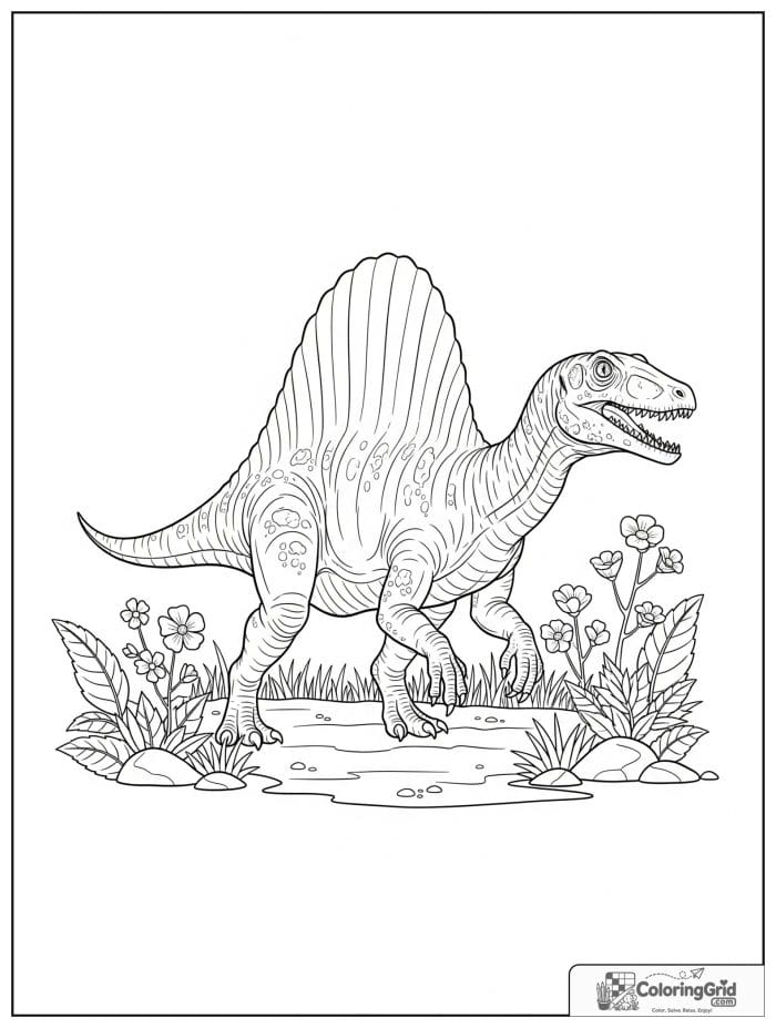 Spinosaurus walking through simple prehistoric flowers.