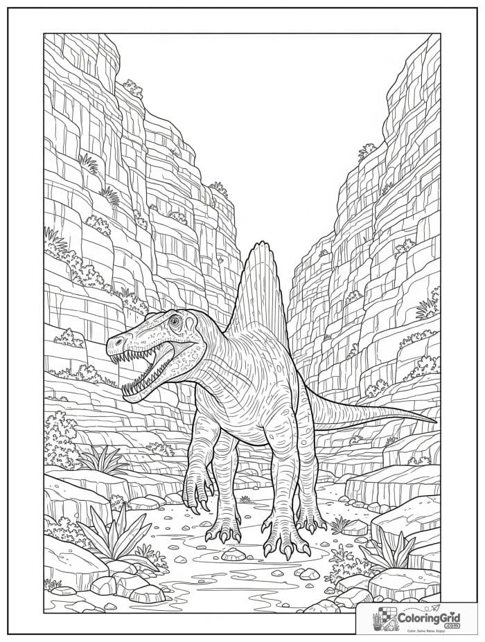 Spinosaurus in a rocky canyon with layered cliffs.