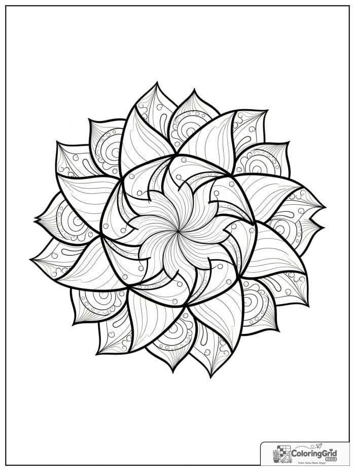 Easy mandala coloring page featuring spiral petal details.