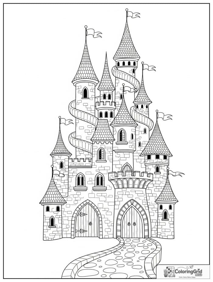 Castle coloring page featuring a castle with spiral towers.