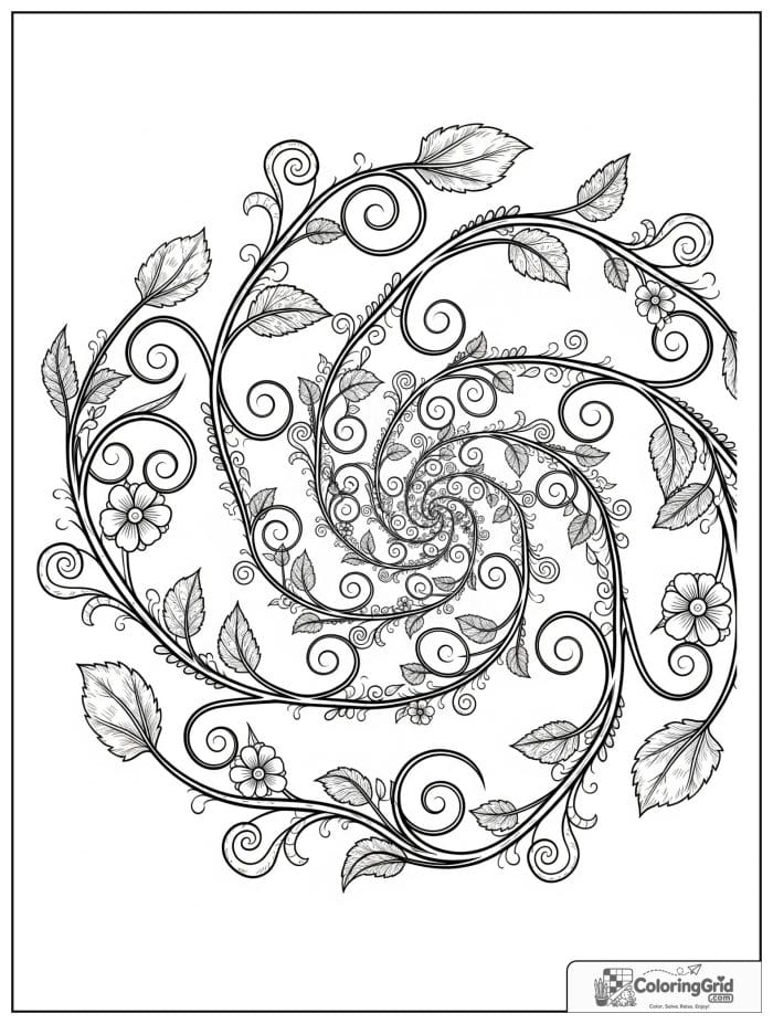 Mandala coloring page featuring spiral vine details.