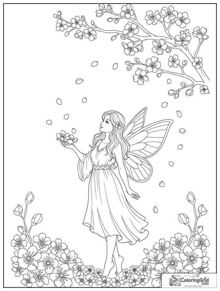 Fairy coloring page featuring a spring blossom fairy.