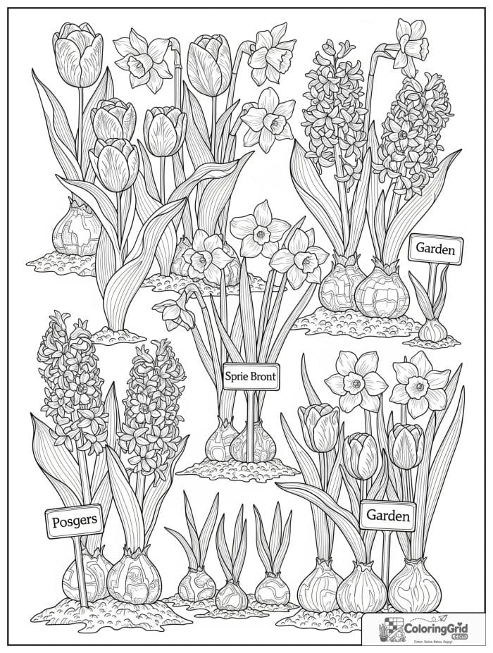 Garden coloring page featuring spring bulbs and flowers.