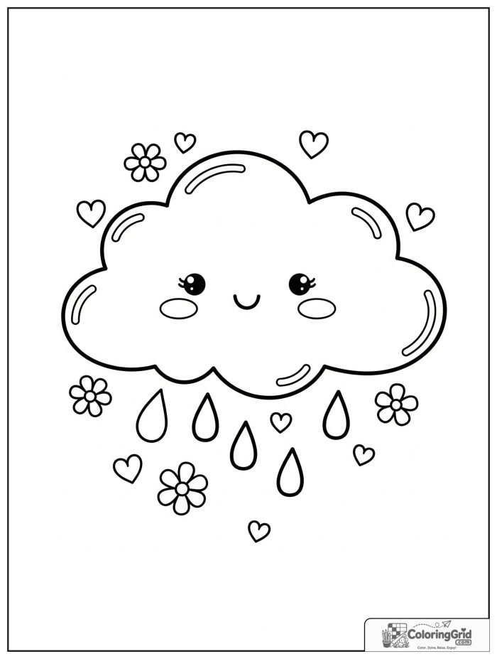 Weather Coloring Pages for Seasons featuring a spring cloud and raindrop friends.
