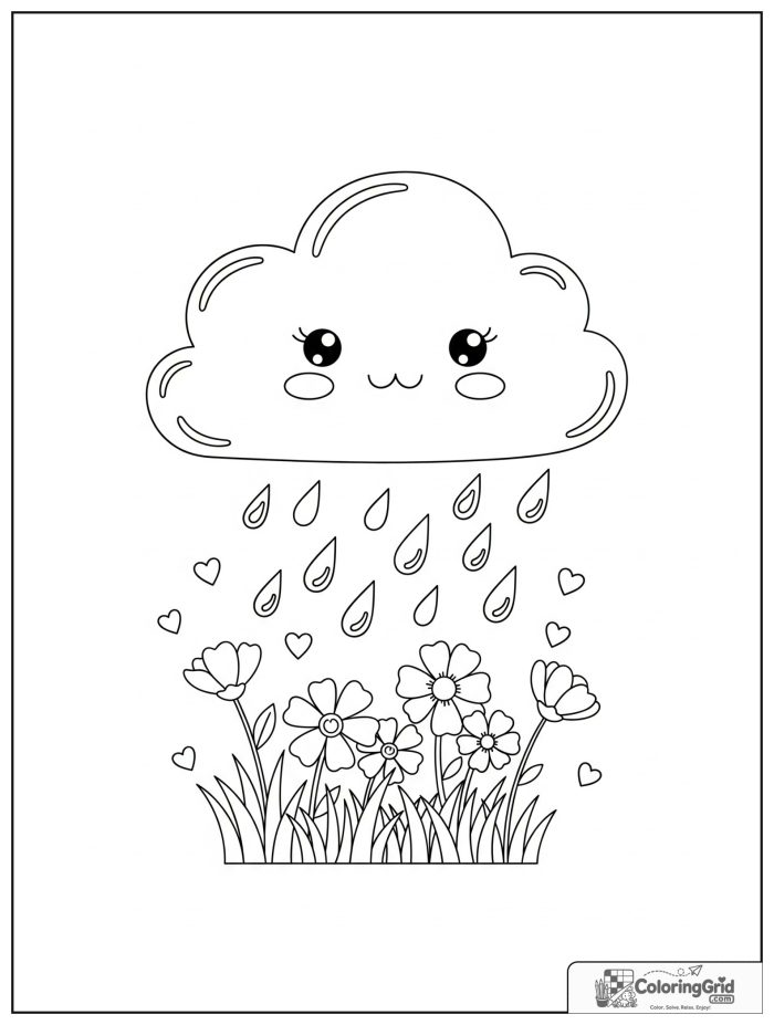 Weather Coloring Pages for Seasons featuring a spring rain cloud over flowers.